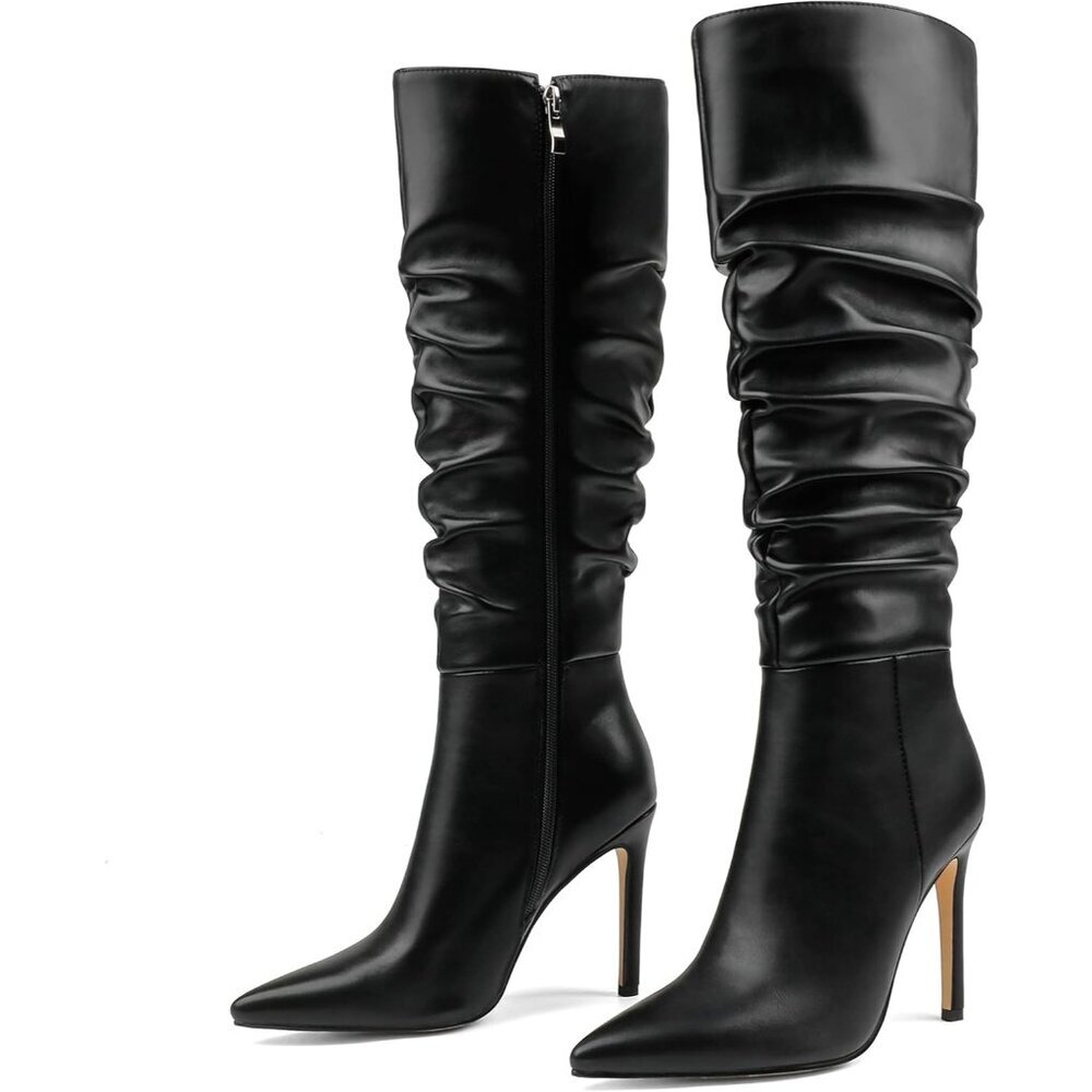 〽Women's Black Slouchy Coleter Knee High Pointed Toe Stiletto Buckle Dress Boots